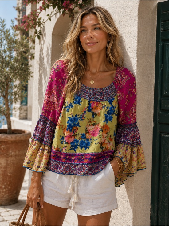 John Mark Tops - John Mark Multicolor Floral Patchwork Peasant Blouse